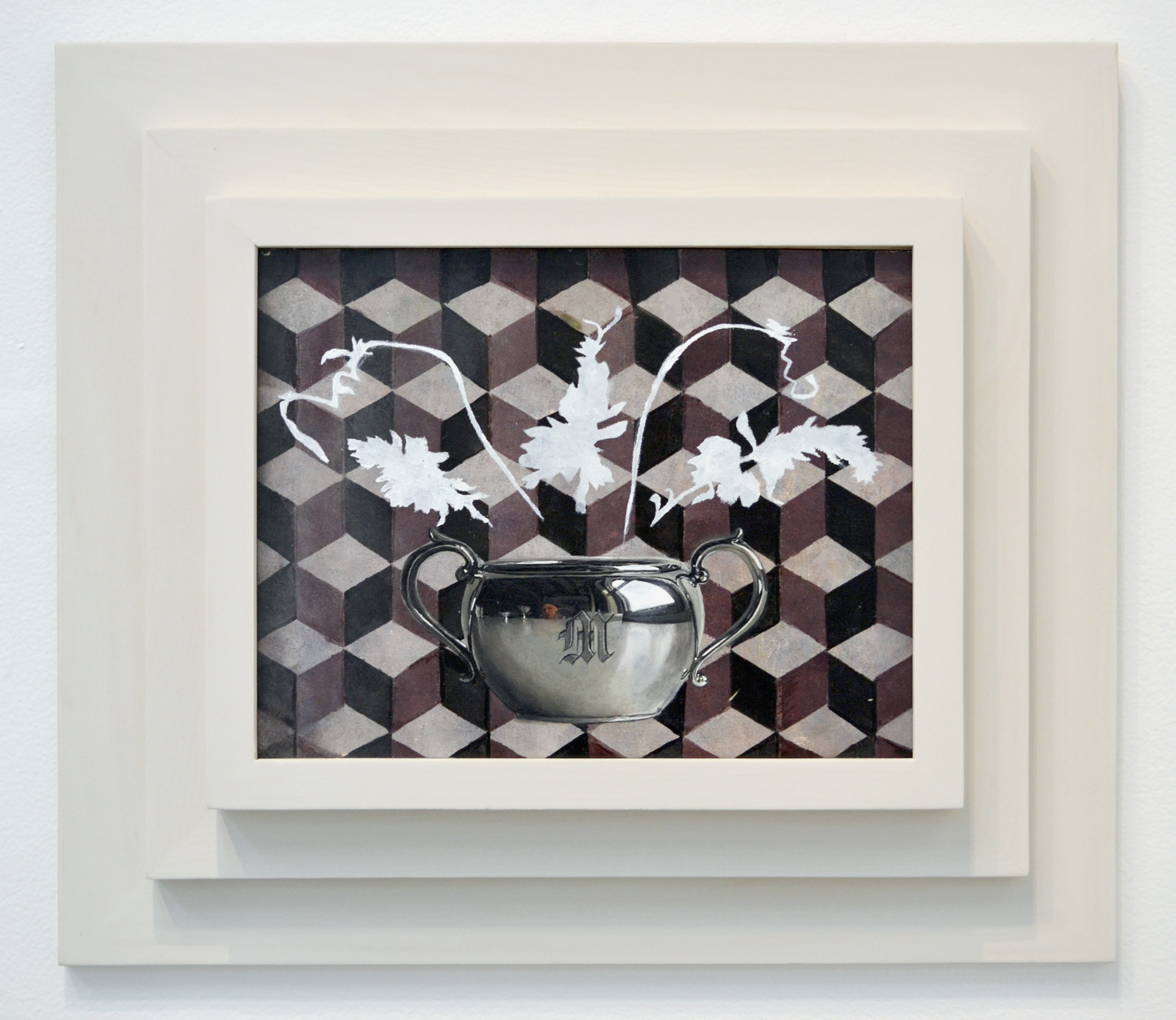 Painting of metal bowl with geometric pattern background