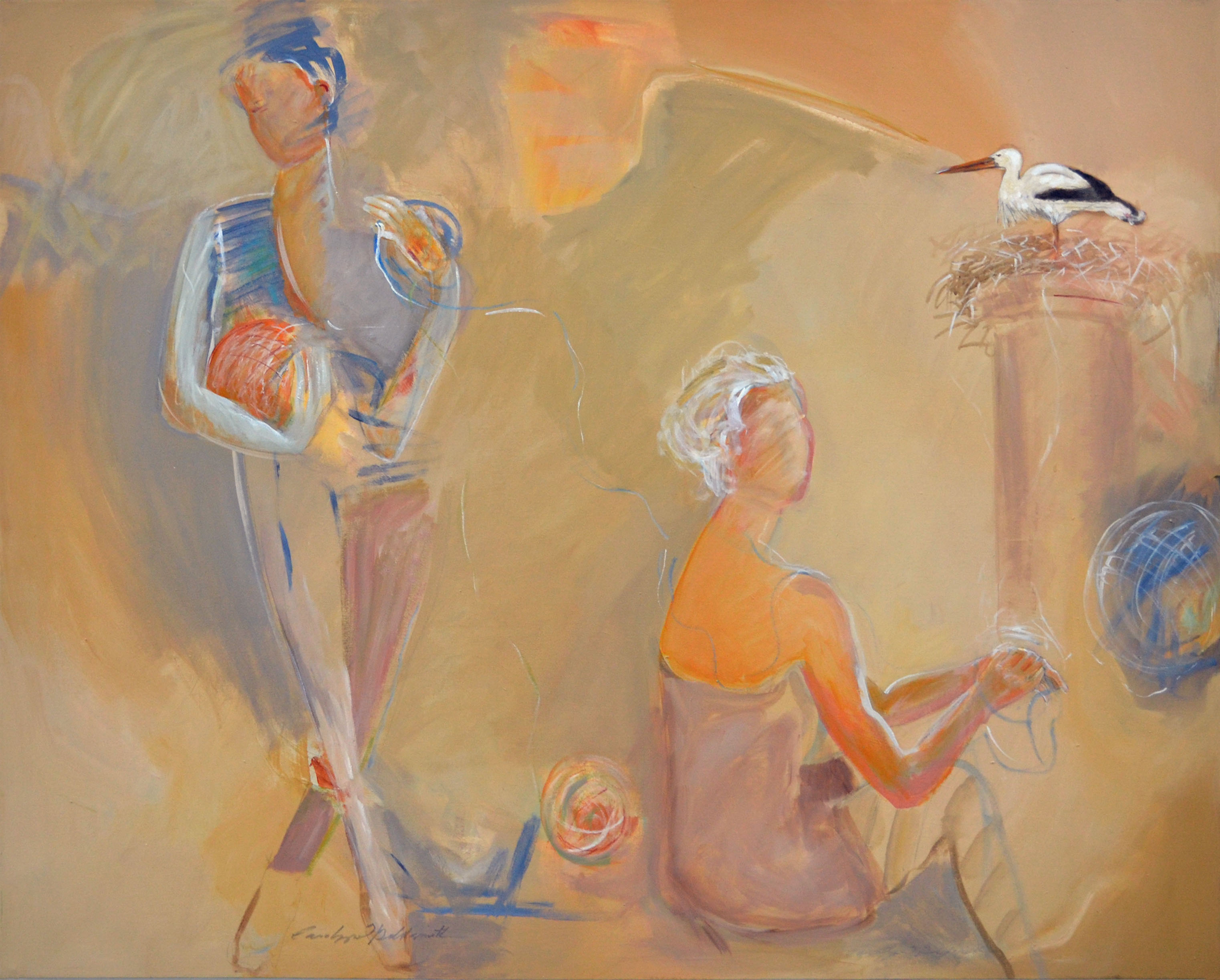 Large orange painting of women standing with a seagull