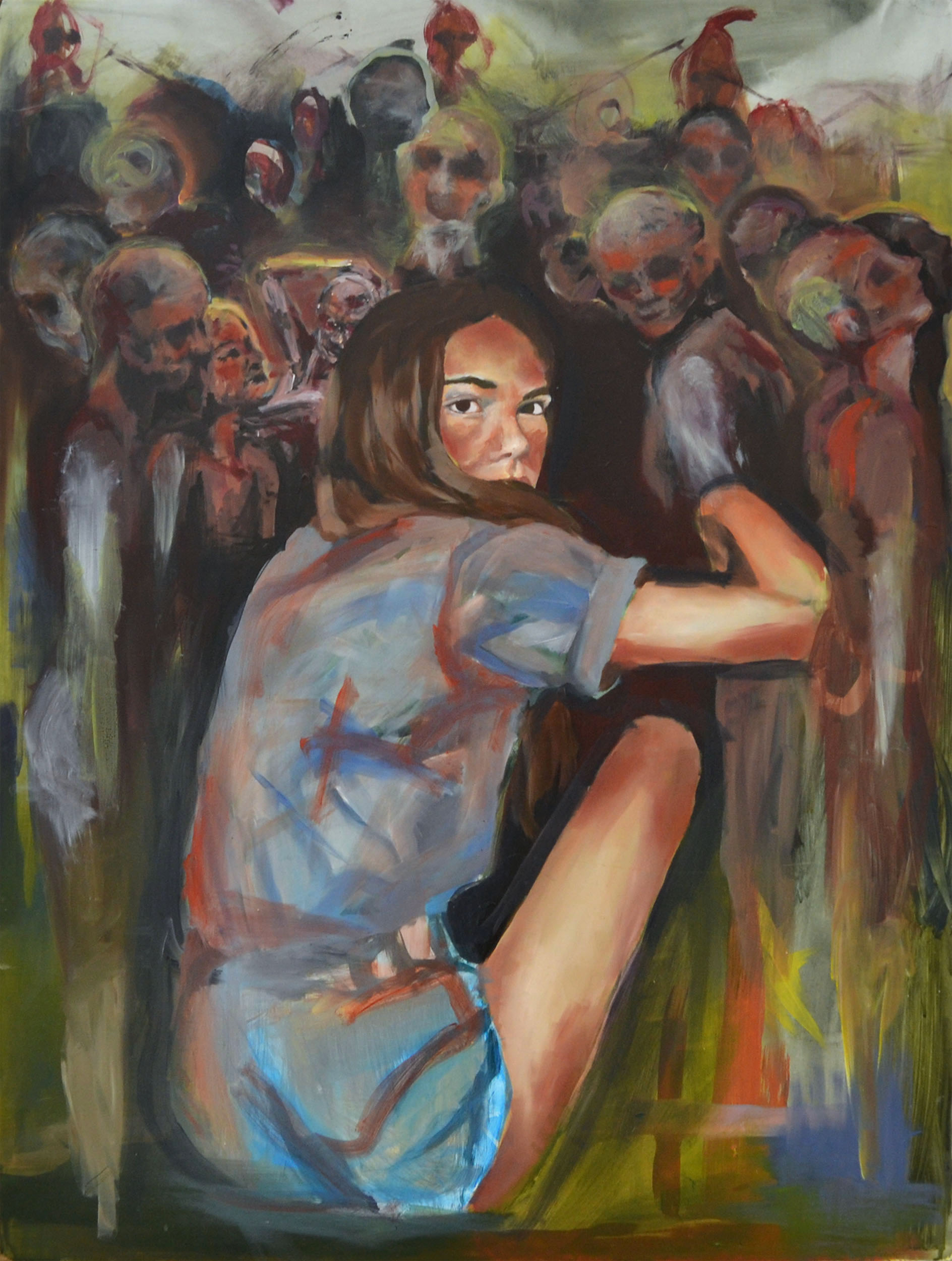 Painting of girl sitting with back turned facing a crowd