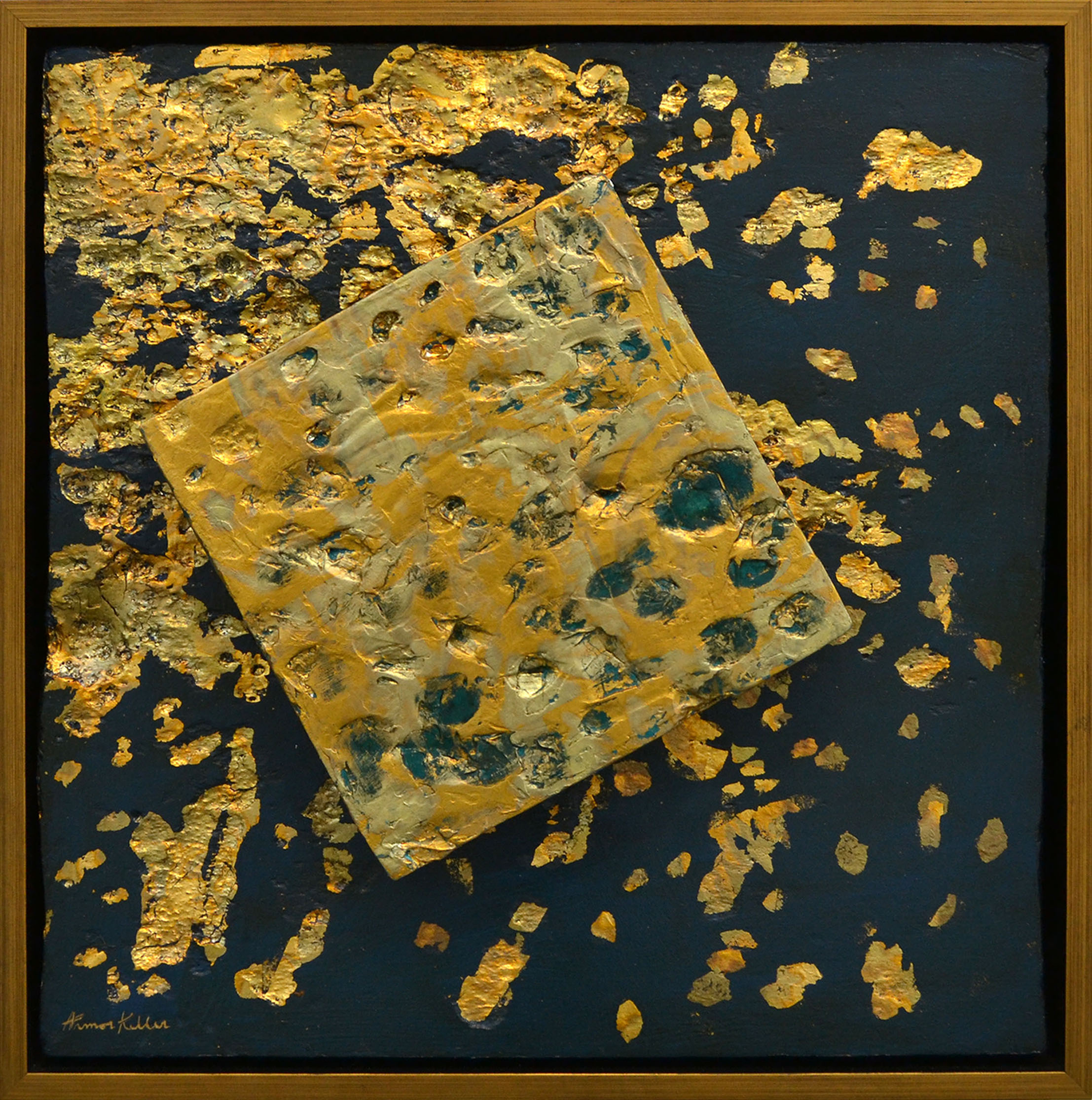 Abstract 3D painting of gold square with teal background