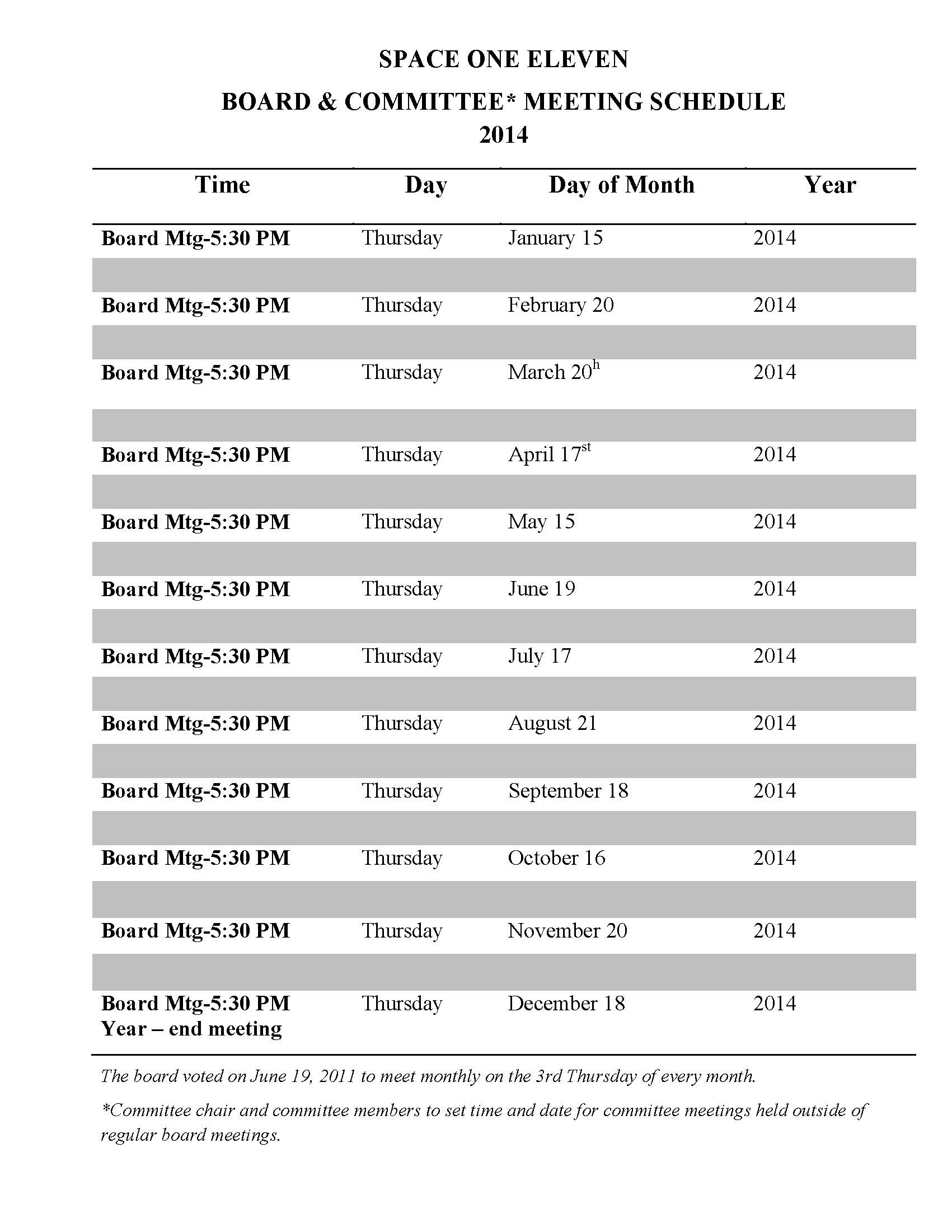 Schedule Board meeting dates FY 2014 SPACE ONE ELEVEN ARTS CENTER